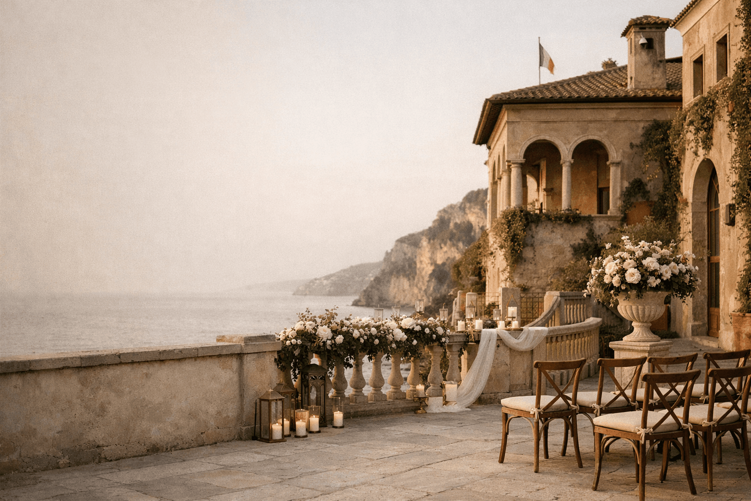 An Italian coastal terrace ceremony setup overlooking the sea at golden hour.