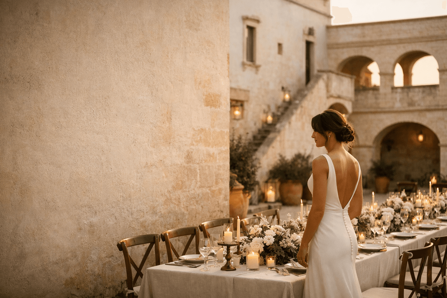 A warm masseria courtyard dinner with candlelight and a bride seen from the back.