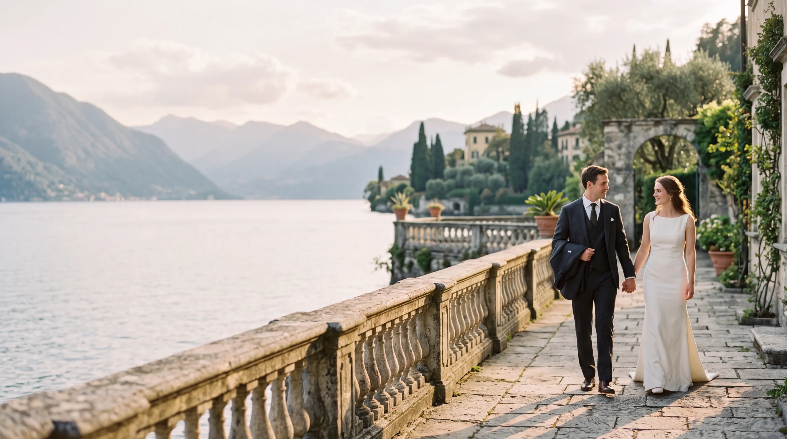 Illustrative wedding couple on a historic Lake Como terrace, AI-generated scene